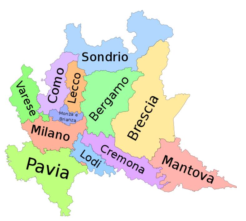 Map of provinces of Lombardy, Italy