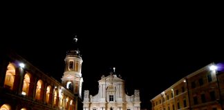 alt="Façade and Bell-Tower of Church - Sanctuary of Holy House at Loreto"