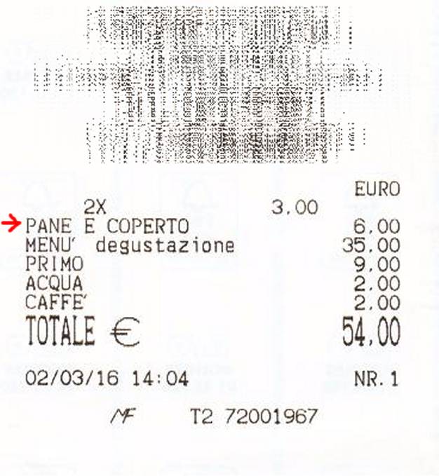 restaurant's bill with coperto