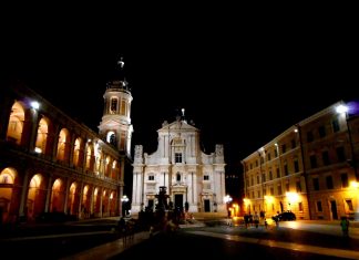 alt="Façade and Bell-Tower of Church - Sanctuary of Holy House at Loreto"